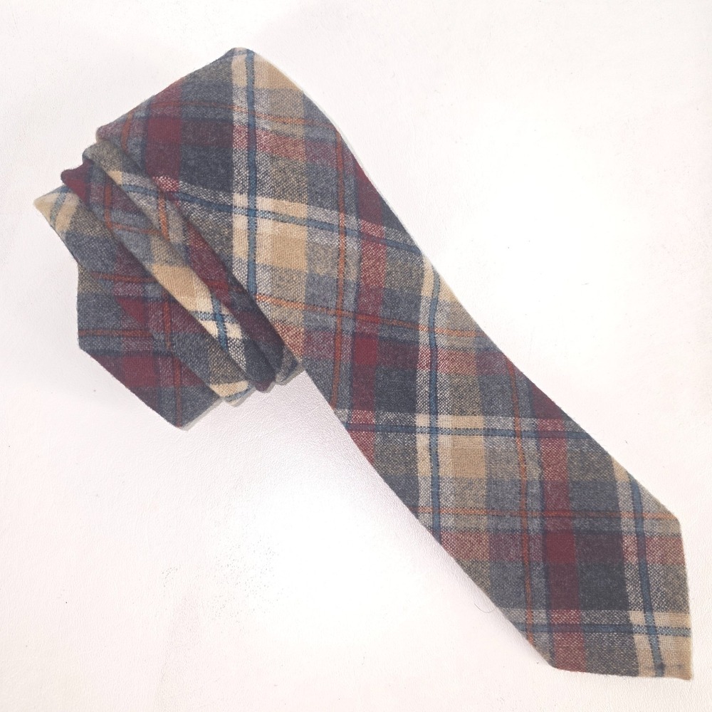Pendleton 100% Virgin Wool Plaid Necktie Vintage USA Made Burgundy Gray Tan 55x3
